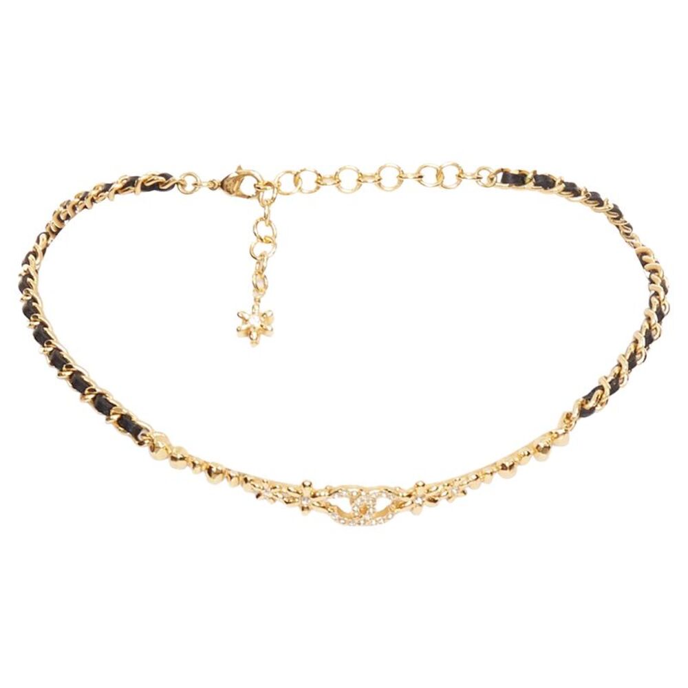 Chanel gold tone CC crystal leather choker necklace